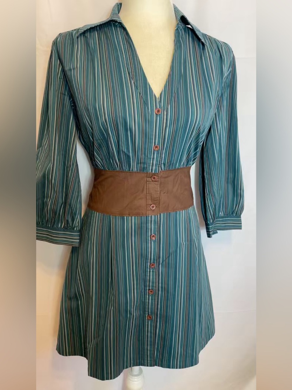 Bisou, Bisou by Michele Bobat. Blue and Brown Button-Down Mini Shirt Dress.